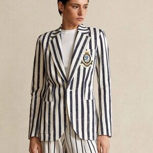 POLO RALPH LAUREN Blue & White Crest Embroidered Blazer Striped Jacket